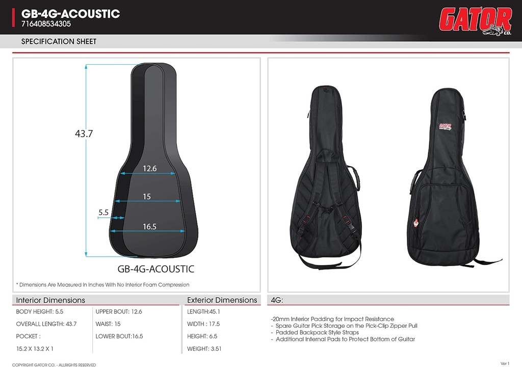 Gator GB-4G-ACOUSTIC Gig Bag For Acoustic Guitars with Adjustable Backpack Straps