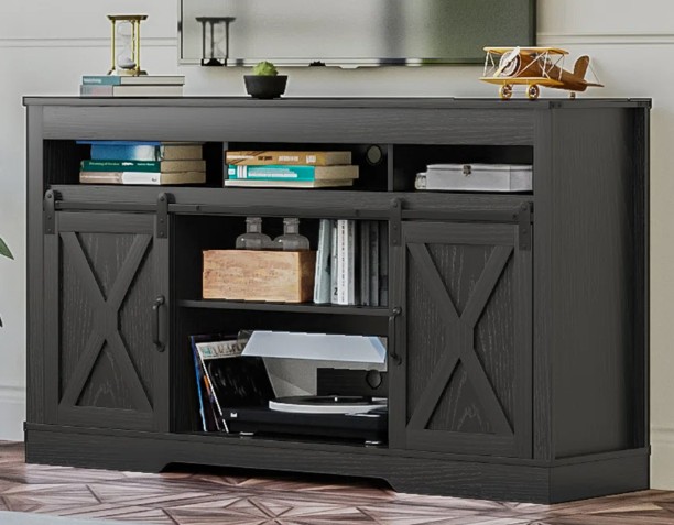 Black Farmhouse TV Stand with Sliding Barn Doors for up to 65" TV