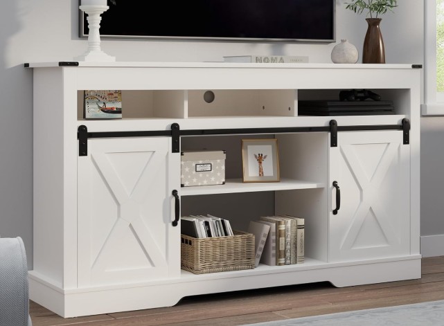 White Farmhouse TV Stand with Sliding Barn Doors for up to 65" TV