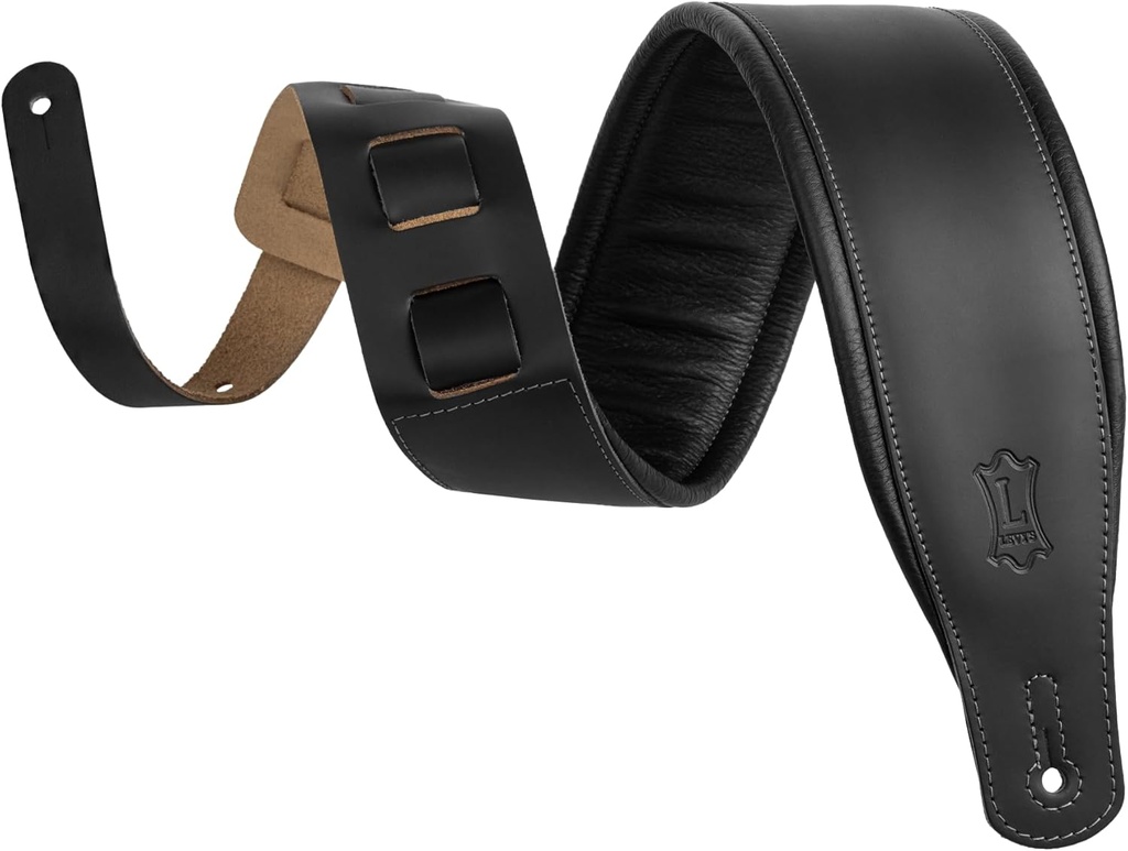Gator M26PD-BLK 3" Top Grain Leather Guitar Strap in Black With 1/4" Foam Wrapped In Black Garment Leather. Ladder Style Adjustment From ?