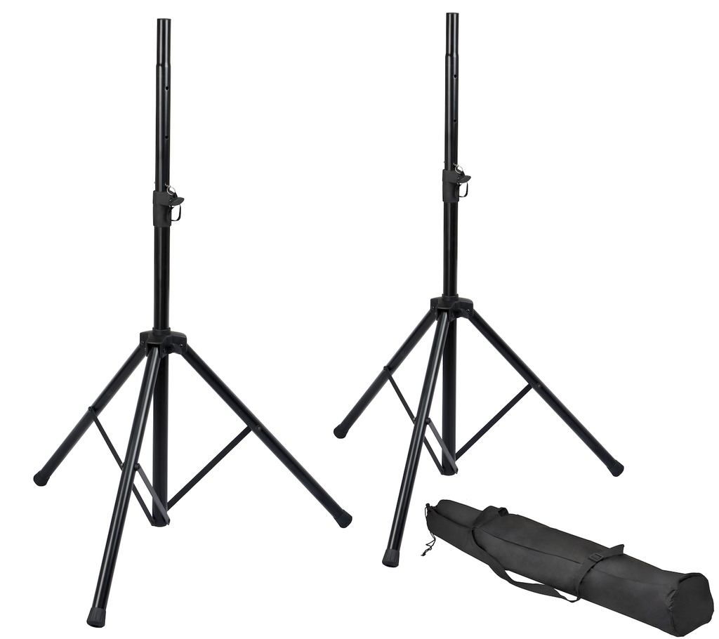 Rok-It Set of Two (2) Tripod Base Speaker Stands with Adjustable Height Twist Knob, Safety Pins and Rubber Feet. Includes Carry?