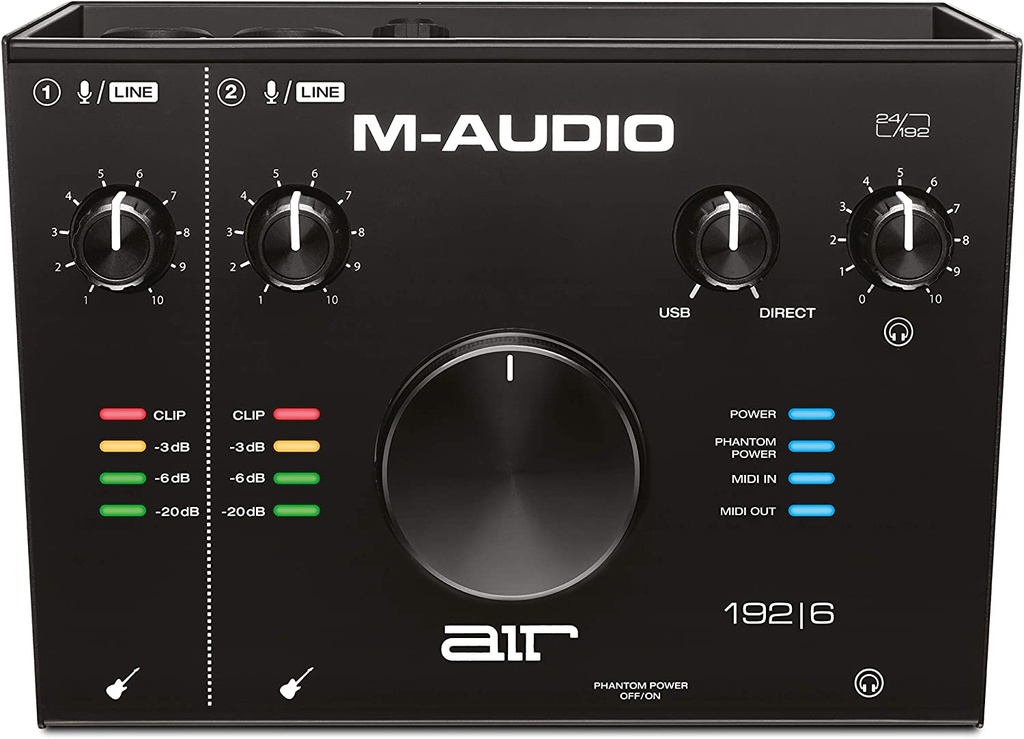 M-Audio AIR 192|6 USB Audio Interface 2-in/2-out USB Interface with 24-bit/192kHz Resolution, Direct Monitoring, XLR/TRS and TS Inputs, MIDI In/Out, Central Monitor Knob, +48V Phantom Power, and Software Suite - Mac/Windows