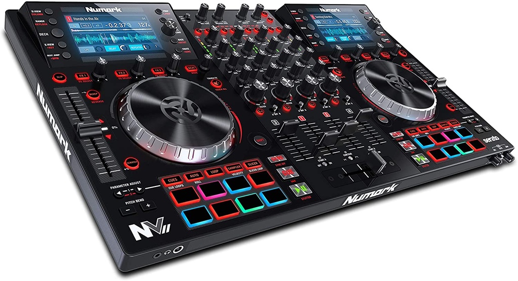 Numark NV II | Four Deck DJ Controller for Serato DJ (Included) With Dual High Resolution Displays, 16 Performance Pads and 5-Inch Metal Platters