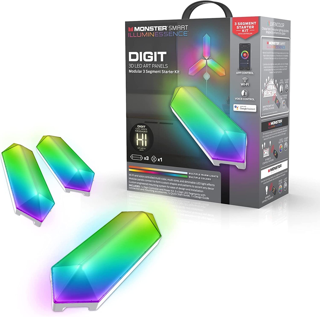 Monster Digit Smart 3D LED Art Panels, Modular 3 Panel Starter Kit with Controller