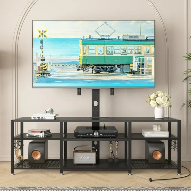 KHD-TV12-BLK-180 71 Inch TV Stand for TVs up to 80 Inch with Swivel Mount and Power Outlet