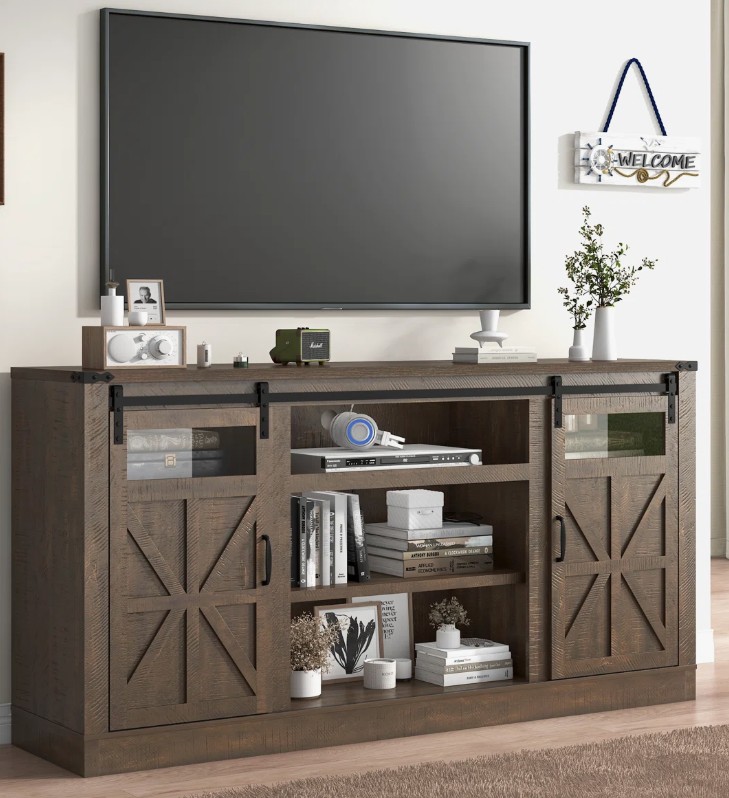 Brown Farmhouse TV Stand with Power Outlets for 65/75 Inch TVs