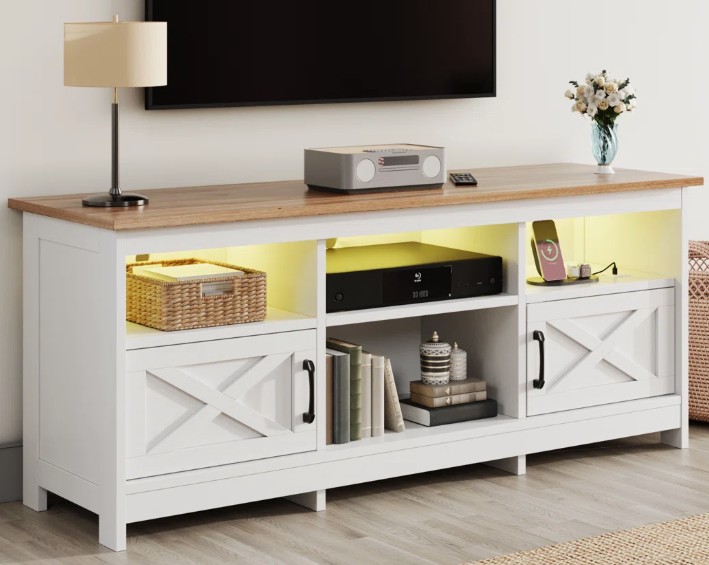 White-Wood TV Media Console with Lights for up to 65" Televisions