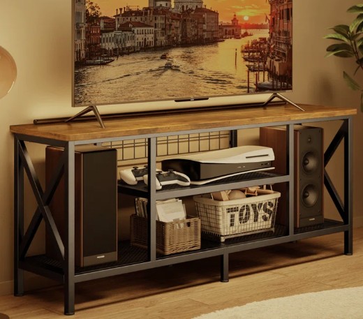 Rustic Brown Wood and Metal Open TV Stand for 65" TV - 28.3'' W X 15.7'' D X 25'' H
