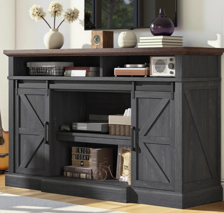 Dark Gray Farmhouse TV Stand with Brown Wood Top for up to 75" TVs