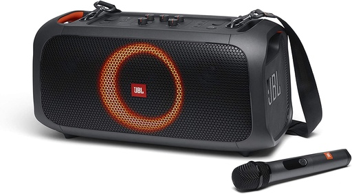 [Partybox on the Go] JBL Rechargeable IPX4 Splashproof Speaker with Wireless Mic, Strap and Light Show