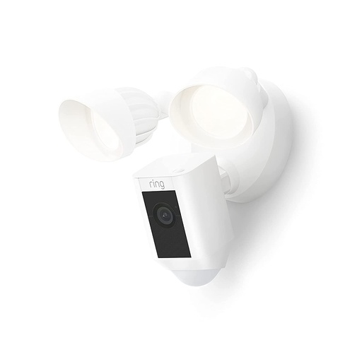 [Floodlight Cam Wired Plus W] Floodlight Cam to protect large outdoor areas like the driveway or backyard with motion-activated LED floodlights, 1080p HD video, and a built-in security siren
