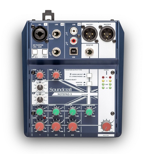[Notepad-5] Soundcraft 5-channel Analog Mixer with 1 Microphone Preamplifier, Direct Input, Phantom Power, 2 Stereo Line-level Channels, and USB Connectivity Item# 5085980US
