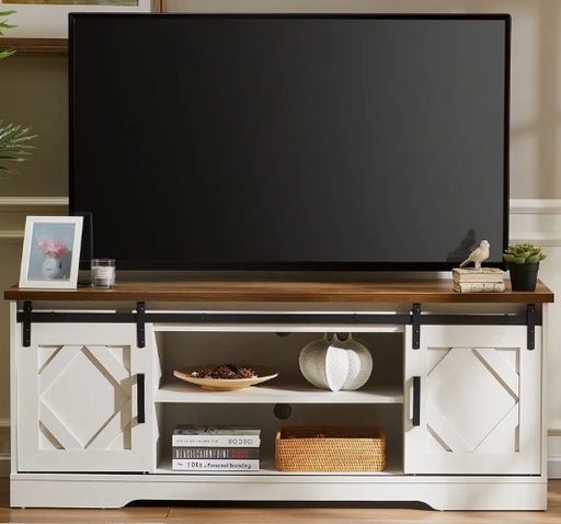 [B-LA1501W-C] Modern Farmhouse TV Stand for up to 65" TV with Sliding Barn Door